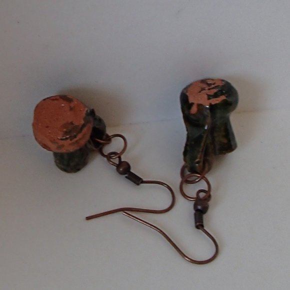 Terracotta Mexico Pottery OoaK Earrings Mini Glazed Handmade Copper Wires Rings - Picture 8 of 14